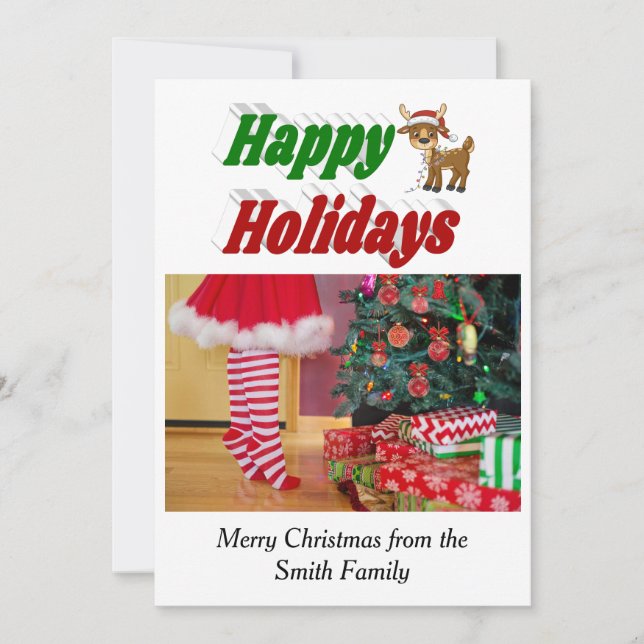Happy Holidays Reindeer Christmas photo typography Holiday Card (Front)