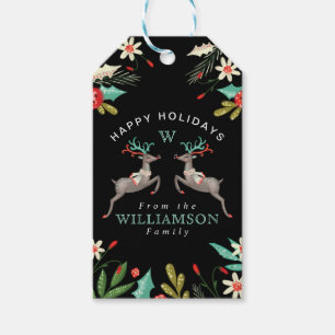 Happy Holidays Reindeer Monogram & Festive Foliage Gift Tags