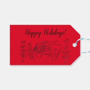 Happy Holidays! Reindeer on Red Gift Tags