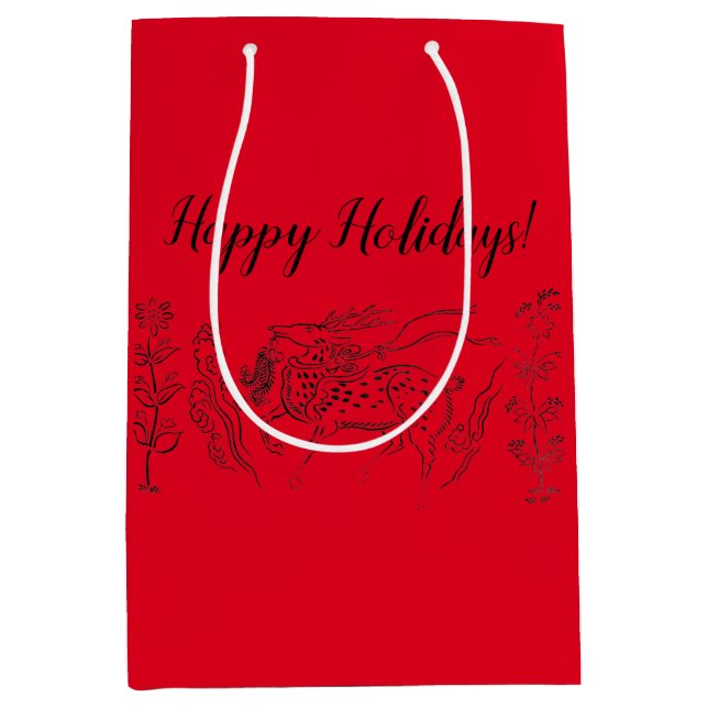 Happy Holidays! Reindeer on Red Medium Gift Bag (Front)
