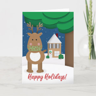 Happy Holidays Reindeer Outdoors in Face Mask Holiday Card