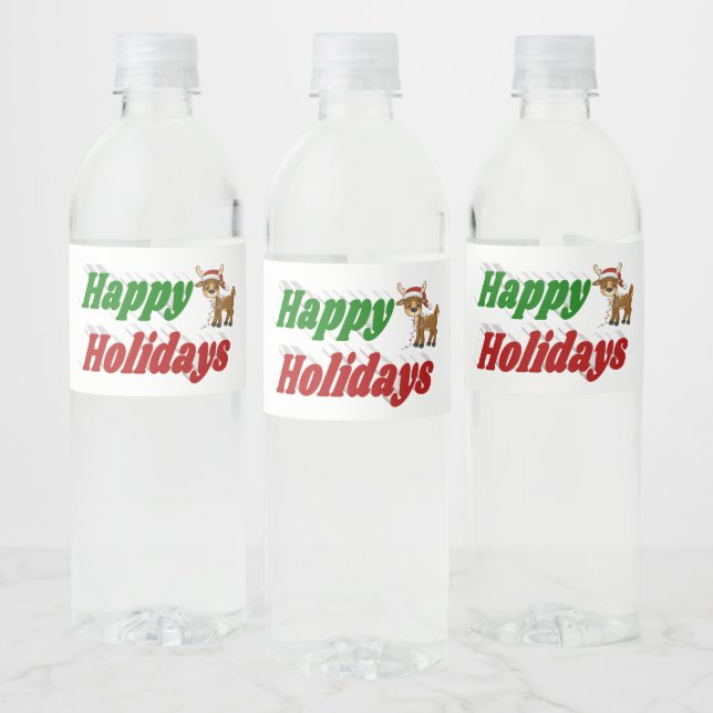 Happy Holidays Reindeer typography Christmas Water Bottle Label (Bottles)