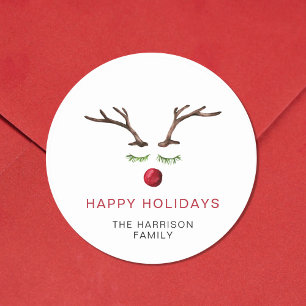 Happy Holidays Reindeer Watercolor Christmas Classic Round Sticker