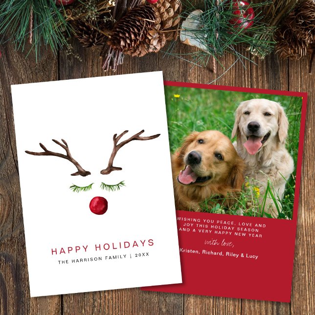 Happy Holidays Reindeer Watercolor Photo Christmas Holiday Card (Creator Uploaded)