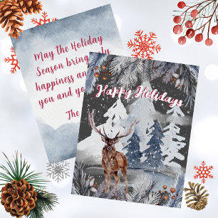 Happy Holidays Reindeer Winter Watercolor Scene Holiday Card