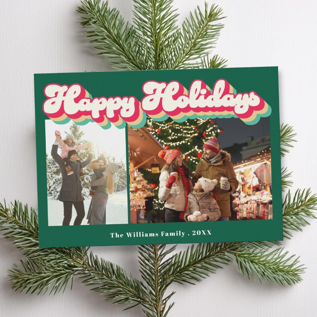 Happy Holidays Retro 2 Photo Holiday Card (Creator Uploaded)