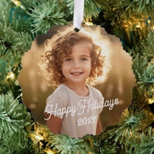 Happy Holidays retro font photo Tree Decoration Card