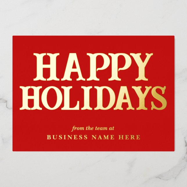 Happy Holidays Retro Red Gold Business  Foil Holiday Card (Front)