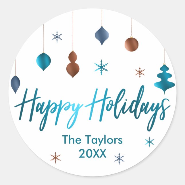 Happy Holidays Retro Teal Copper Navy Decor Classic Round Sticker (Front)