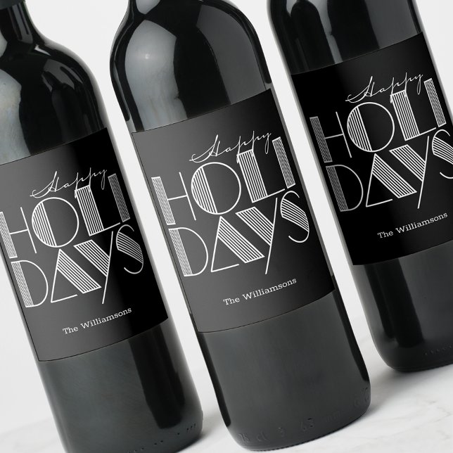 Happy Holidays Retro Typography Black Wine Label (Creator Uploaded)