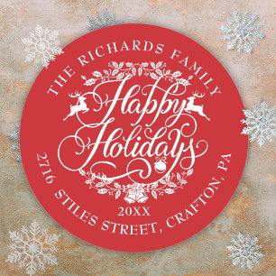 Happy Holidays Return Address Elegant Christmas Classic Round Sticker