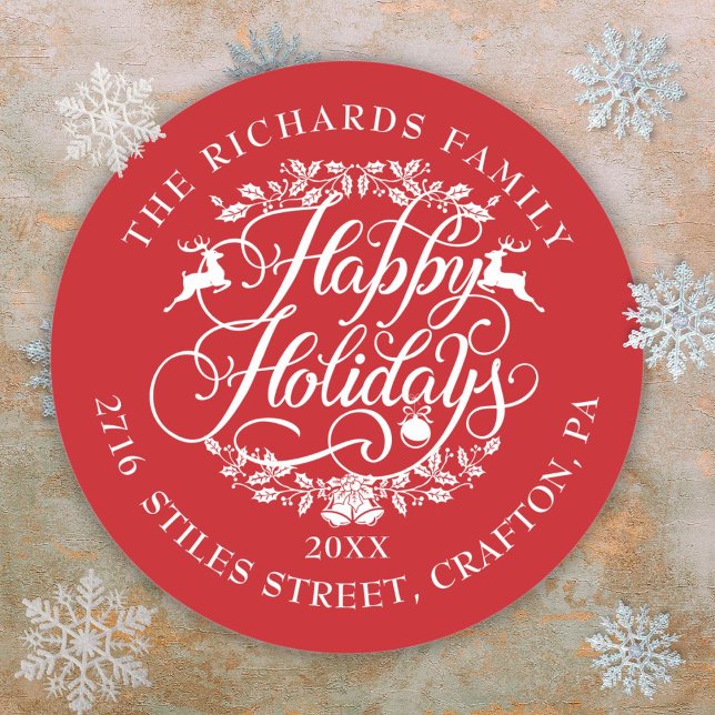 Happy Holidays Return Address Elegant Christmas Classic Round Sticker (Happy Holidays Return Address Elegant Christmas Classic Round Sticker)