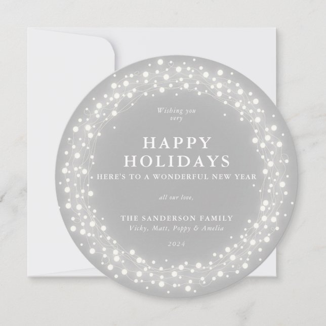 Happy Holidays Round Grey Sparkling Lights Holiday Card (Front)