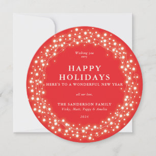 Happy Holidays Round Red Sparkling Lights Holiday Card