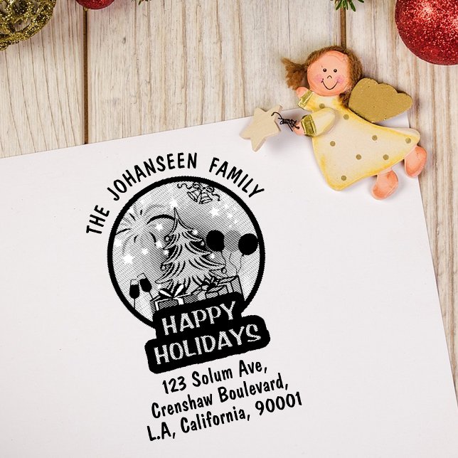 Happy Holidays Rustic Bold Family  Return Address  Rubber Stamp (Creator Uploaded)