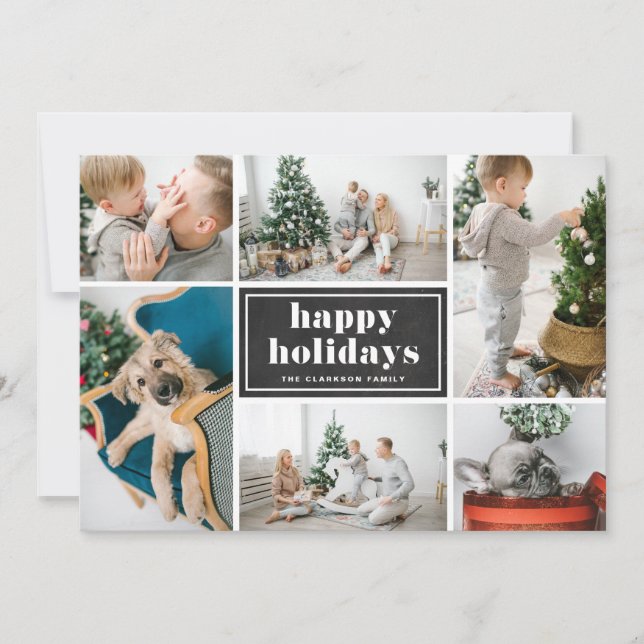 Happy Holidays Rustic Chalkboard Photo Collage Holiday Card (Front)