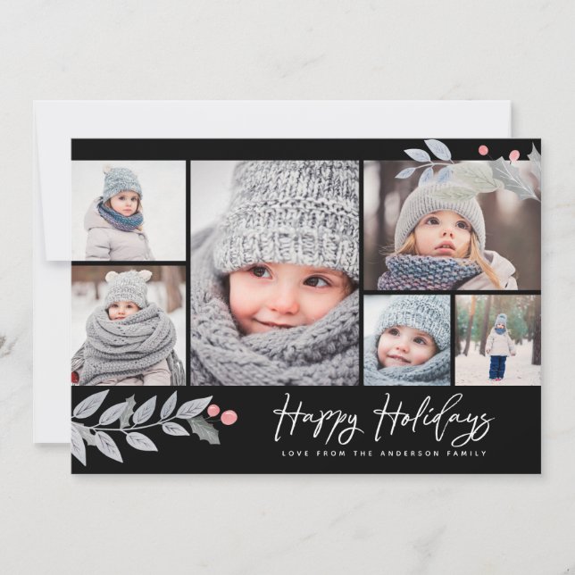 Happy Holidays Rustic Floral Multi-Photo Collage Holiday Card (Front)