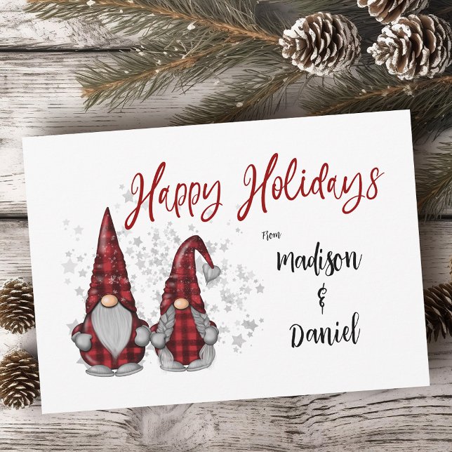 Happy Holidays Rustic Gnomes in Red Buffalo Plaid Holiday Card (Creator Uploaded)