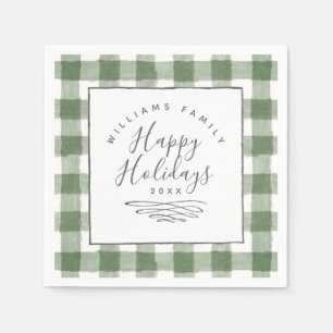 Happy Holidays Rustic Green Gingham Paper Napkin