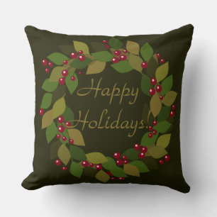 Happy Holidays! Rustic Green Wreath Cushion