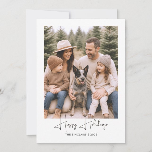 Happy Holidays Rustic Minimalist Family Photo Card (Front)