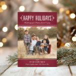 Happy Holidays Rustic Red Wine Photo Holiday Card<br><div class="desc">Send your holiday wishes in style with this simple and warm photo greeting! Card features two photos (front and back) of your family and custom handwritten style text that can be personalized. Design colors: white and deep garnet / burgundy red with a rustic textured appearance. Front photo photography © Storytree...</div>