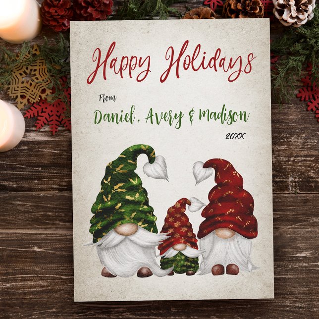 Happy Holidays Rustic watercolor Gnome Family Holiday Card (Available in high quality print or digital download for quick text messaging, email or self print.)