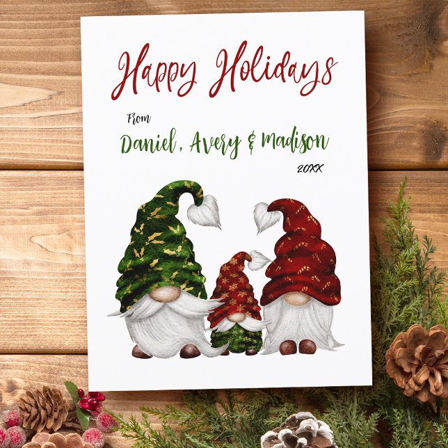 Happy Holidays Rustic Watercolor Gnome Family Holiday Postcard (Creator Uploaded)