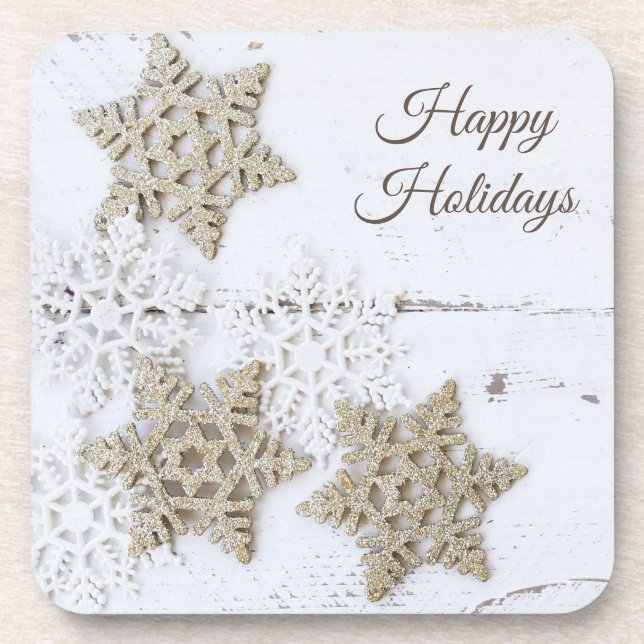 Happy Holidays Rustic White Snowflakes Coaster (Front)