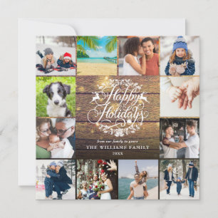 Happy Holidays Rustic Wood 12 Photo Collage Holiday Card