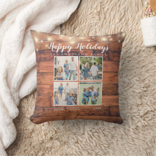 Happy Holidays Rustic Wood String Lights Photo Cushion
