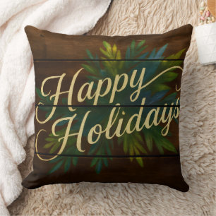 Happy Holidays Rustic Wooden Boards Painted Blue Cushion