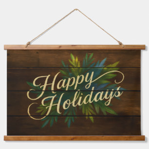 Happy Holidays Rustic Wooden Boards Painted Blue Hanging Tapestry