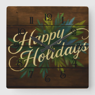Happy Holidays Rustic Wooden Boards Painted Blue Square Wall Clock