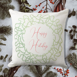Happy Holidays rustic wreath green white red Cushion