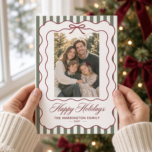 Happy Holidays Sage Bow Scalloped Family Photo Holiday Card