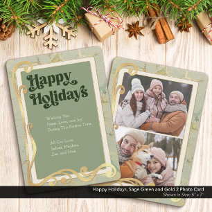 Happy Holidays Sage Green and Gold 2 Photo Card