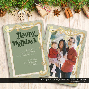 Happy Holidays Sage Green and Gold Photo Card