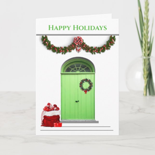Happy Holidays Santa Bag Green Doors Christmas Holiday Card (Front)