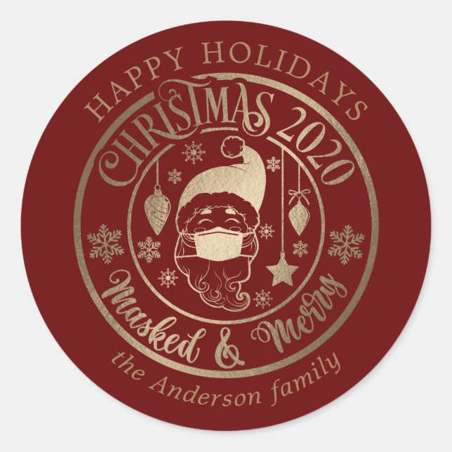 happy holidays santa claus pandemic red classic round sticker (Front)