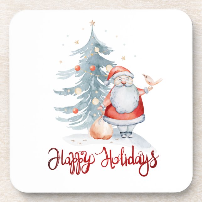 Happy Holidays,Santa Claus Pine Tree  Coaster (Front)