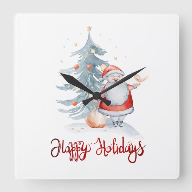 Happy Holidays,Santa Claus Pine Tree Square Wall Clock (Front)