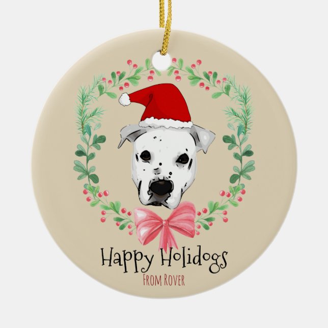 Happy Holidays Santa Dog Cartoon Ceramic Tree Decoration (Front)