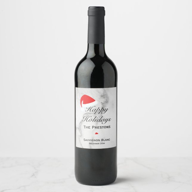 Happy Holidays Santa Hat Wine Label on Marble (Front)