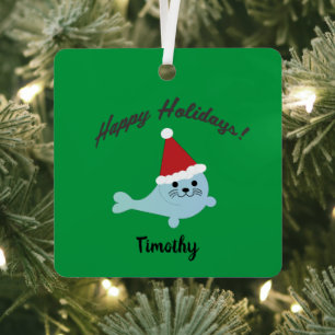 Happy Holidays Santa Seal Metal Tree Decoration