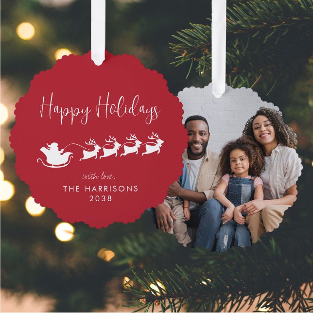 Happy Holidays Santa Sleigh Photo Red Christmas Tree Decoration Card (Creator Uploaded)