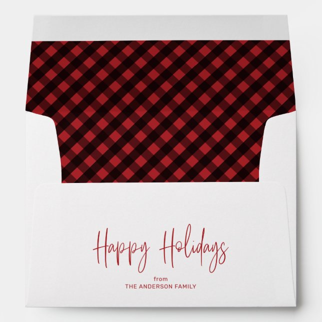 Happy Holidays Script 5x7 Red Buffalo Plaid Envelope (Back (Bottom))