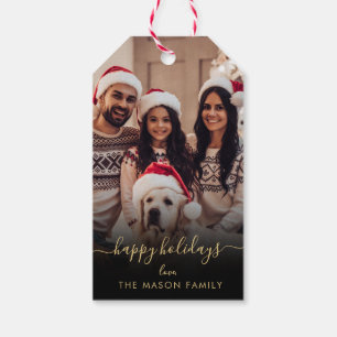 Happy Holidays Script Black Gold Family Photo Gift Tags