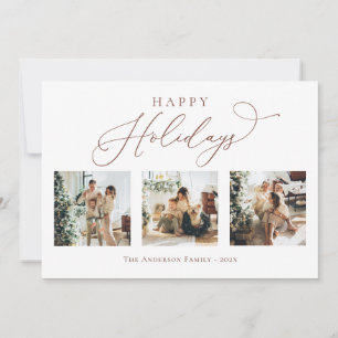 Happy Holidays Script Brown 2 Multi Photo Collage Holiday Card
