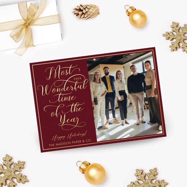 Happy Holidays Script Business Photo & Logo Red Foil Holiday Card (Creator Uploaded)